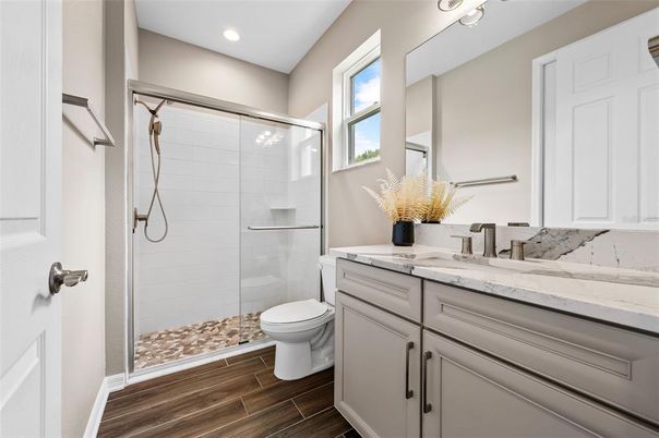 Bathroom, Glass Shower, Interior, Recessed Lighting, Wood Texture Flooring