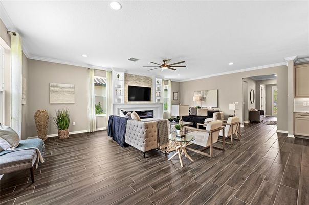 Fireplace, Interior, Living room, Recessed Lighting, Wood Texture Flooring