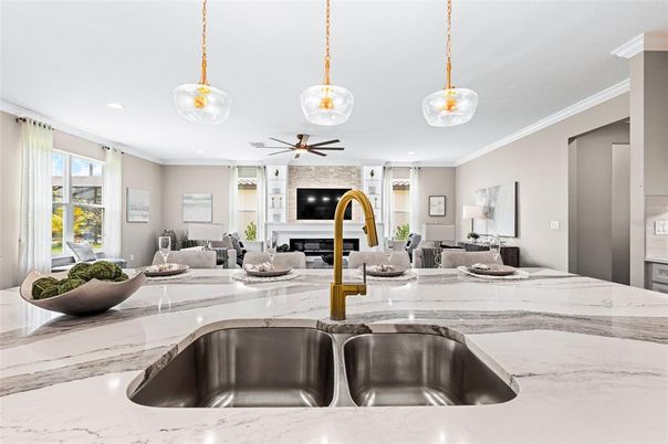 Fireplace, Interior, Kitchen, Living room, Pendant Lights, Recessed Lighting