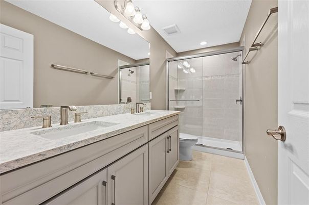 Bathroom, Dual Sink Vanities, Glass Shower, Interior, Recessed Lighting