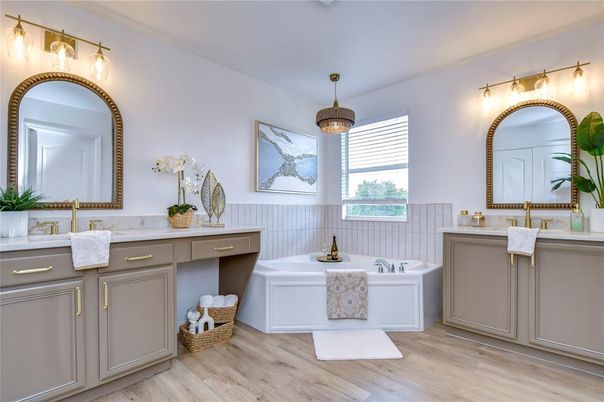 Bathroom, Dual Sink Vanities, Interior, Pendant Lights, Wood Texture Flooring