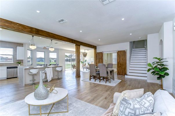 Dining room, Interior, Kitchen, Pendant Lights, Recessed Lighting, Wood Texture Flooring