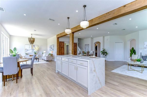 Dining room, Interior, Kitchen, Pendant Lights, Recessed Lighting, Wooden Beams, Wood Texture Flooring