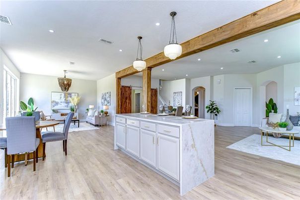 Dining room, Interior, Kitchen, Pendant Lights, Recessed Lighting, Wooden Beams, Wood Texture Flooring
