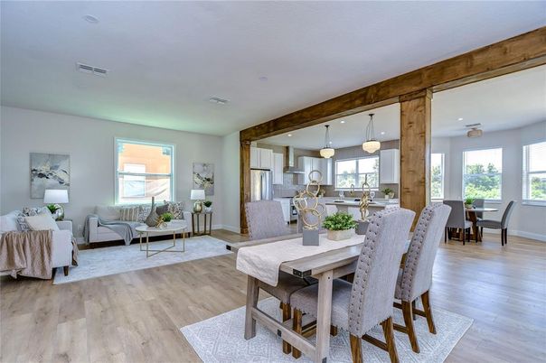 Dining room, Interior, Kitchen, Living room, Pendant Lights, Recessed Lighting, Stainless Steel Appliances, Wood Texture Flooring