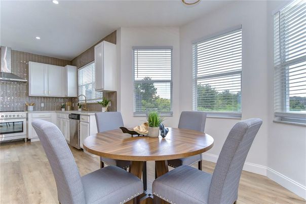 Dining room, Interior, Kitchen, Recessed Lighting, Wood Texture Flooring