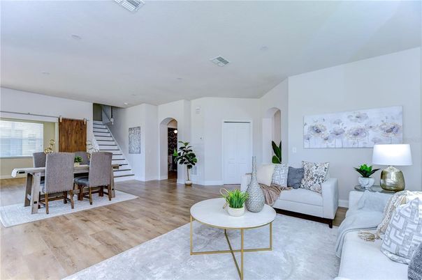 Dining room, Interior, Living room, Recessed Lighting, Wood Texture Flooring