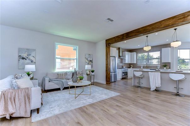 Interior, Kitchen, Living room, Pendant Lights, Recessed Lighting, Stainless Steel Appliances, Wood Texture Flooring