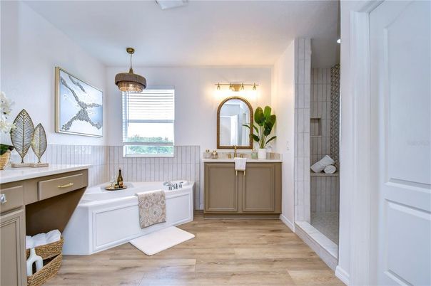 Bathroom, Dual Sink Vanities, Interior, Pendant Lights, Wood Texture Flooring