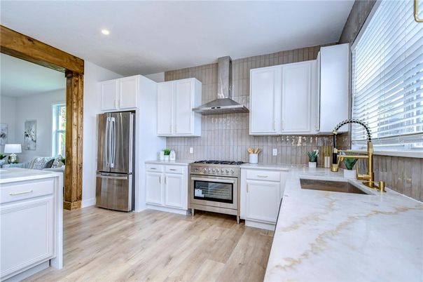 Interior, Kitchen, Recessed Lighting, Stainless Steel Appliances, Wood Texture Flooring