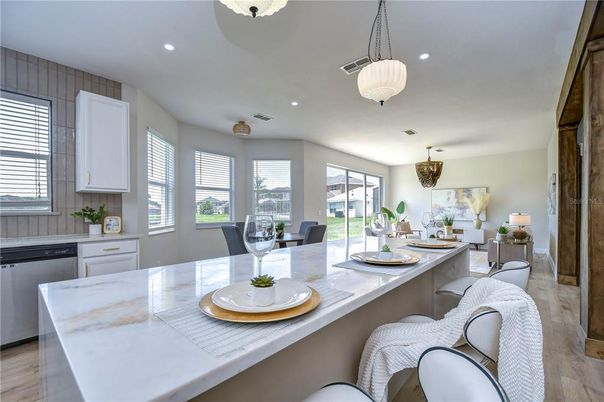Dining room, Interior, Kitchen, Pendant Lights, Recessed Lighting, Wood Texture Flooring