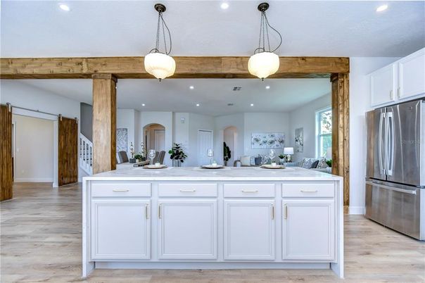 Interior, Kitchen, Pendant Lights, Recessed Lighting, Wooden Beams, Wood Texture Flooring