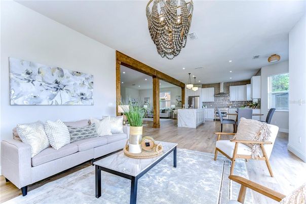 Dining room, Interior, Kitchen, Living room, Pendant Lights, Recessed Lighting, Stainless Steel Appliances, Wood Texture Flooring