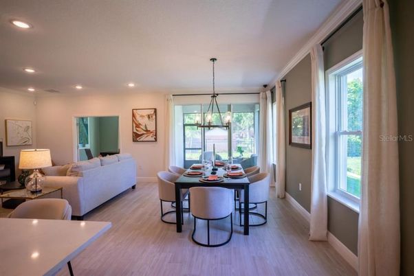 Dining room, Interior, Living room, Pendant Lights, Recessed Lighting, Wood Texture Flooring