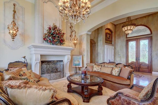 Chandelier, Fireplace, Interior, Living room