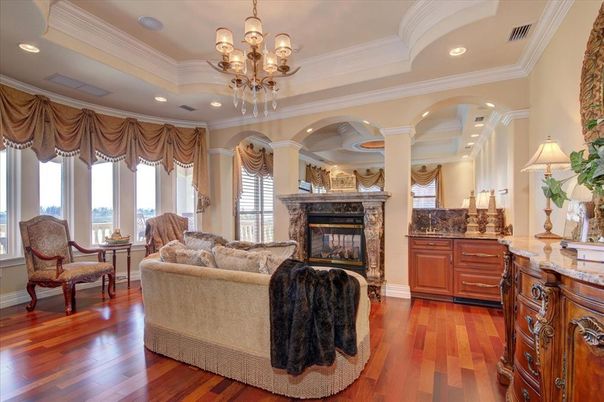 Chandelier, Fireplace, Interior, Living room, Recessed Lighting, Wood Texture Flooring