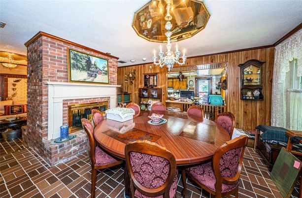 Dining room, Fireplace, Interior, Kitchen, Wooden Walls