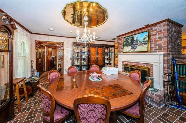 Dining room, Fireplace, Interior, Recessed Lighting, Stone Walls
