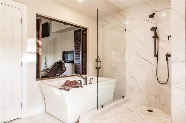 Bathroom, Glass Shower, Interior, Marble Walls, Recessed Lighting