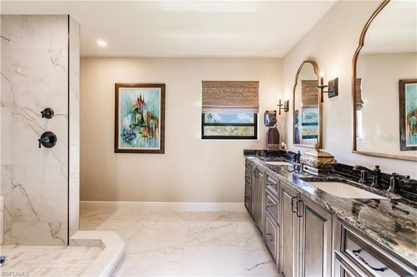 Bathroom, Dual Sink Vanities, Interior, Marble, Marble Walls, Recessed Lighting
