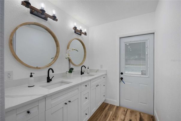 Bathroom, Dual Sink Vanities, Interior, Wood Texture Flooring