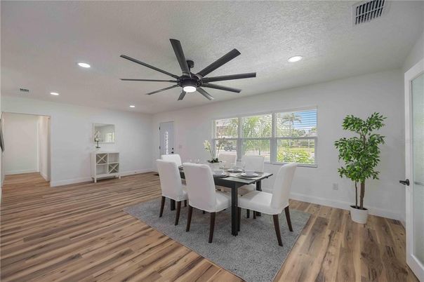 Dining room, Interior, Recessed Lighting, Wood Texture Flooring