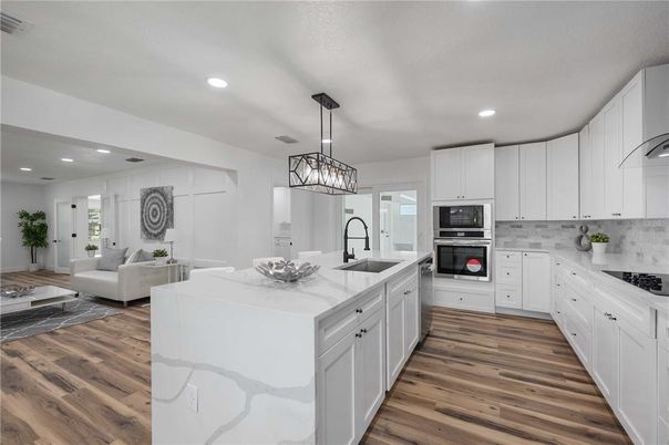 Interior, Kitchen, Living room, Pendant Lights, Recessed Lighting, Stainless Steel Appliances, Wood Texture Flooring