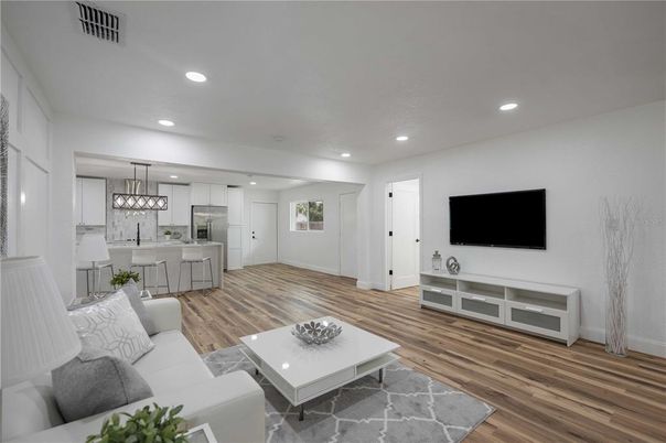 Interior, Kitchen, Living room, Pendant Lights, Recessed Lighting, Stainless Steel Appliances, Wood Texture Flooring