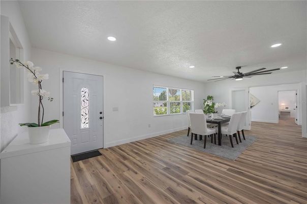 Dining room, Interior, Recessed Lighting, Wood Texture Flooring