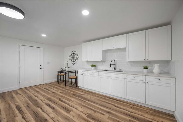 Interior, Kitchen, Recessed Lighting, Wood Texture Flooring
