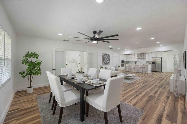 Dining room, Interior, Kitchen, Recessed Lighting, Stainless Steel Appliances, Wood Texture Flooring