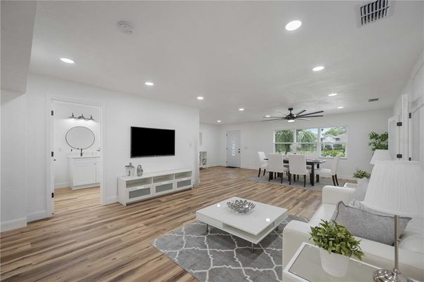 Dining room, Interior, Living room, Recessed Lighting, Wood Texture Flooring