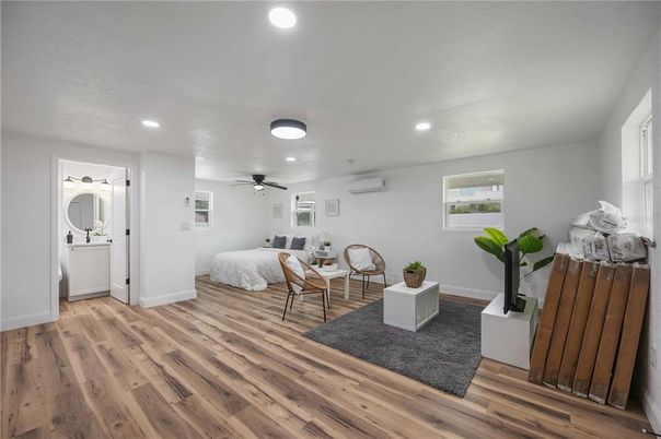 Bedroom, Interior, Recessed Lighting, Wood Texture Flooring