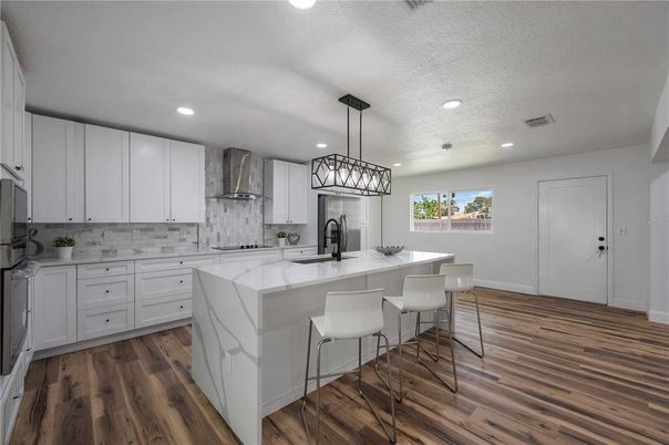 Interior, Kitchen, Pendant Lights, Recessed Lighting, Wood Texture Flooring