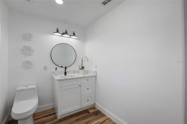 Bathroom, Interior, Recessed Lighting, Wood Texture Flooring