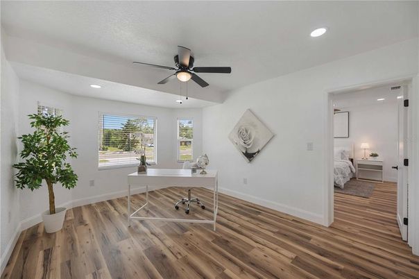 Bedroom, Home Office, Interior, Recessed Lighting, Wood Texture Flooring
