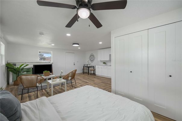 Bedroom, Dining room, Interior, Recessed Lighting, Wood Texture Flooring