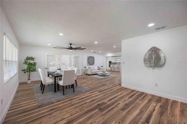 Dining room, Interior, Living room, Recessed Lighting, Wood Texture Flooring