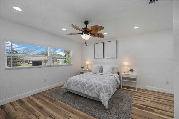 Bedroom, Interior, Recessed Lighting, Wood Texture Flooring