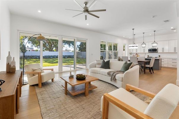 Dining room, Interior, Kitchen, Living room, Pendant Lights, Recessed Lighting, Wood Texture Flooring