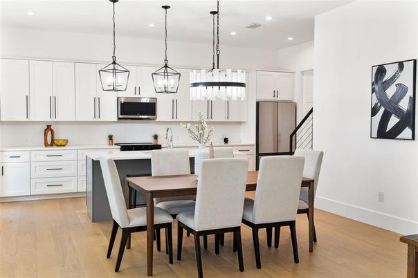 Dining room, Interior, Kitchen, Pendant Lights, Recessed Lighting, Stainless Steel Appliances, Wood Texture Flooring