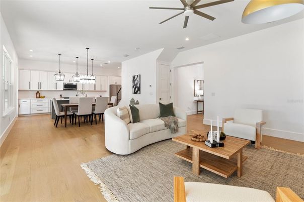 Dining room, Interior, Kitchen, Living room, Pendant Lights, Recessed Lighting, Wood Texture Flooring