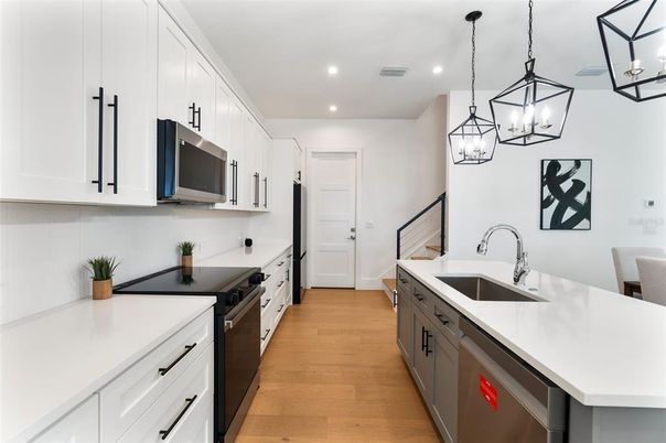 Interior, Kitchen, Pendant Lights, Recessed Lighting, Wood Texture Flooring