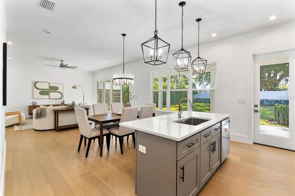 Chandelier, Dining room, Interior, Kitchen, Living room, Pendant Lights, Recessed Lighting, Wood Texture Flooring