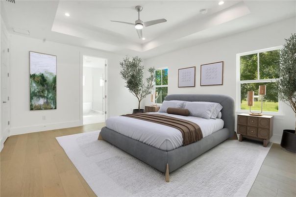 Bedroom, Interior, Recessed Lighting, Wood Texture Flooring