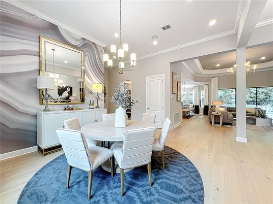 Chandelier, Dining room, Interior, Living room, Pendant Lights, Recessed Lighting, Wood Texture Flooring