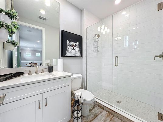 Bathroom, Glass Shower, Interior, Recessed Lighting, Wood Texture Flooring