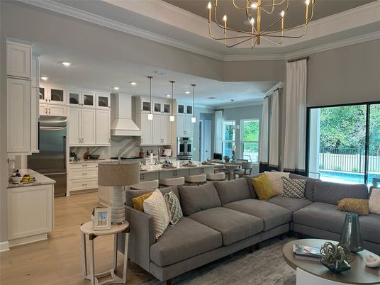 Chandelier, Dining room, Interior, Kitchen, Living room, Pendant Lights, Recessed Lighting, Stainless Steel Appliances, Wood Texture Flooring