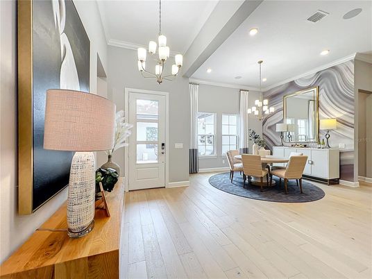 Chandelier, Dining room, Interior, Pendant Lights, Recessed Lighting, Wood Texture Flooring