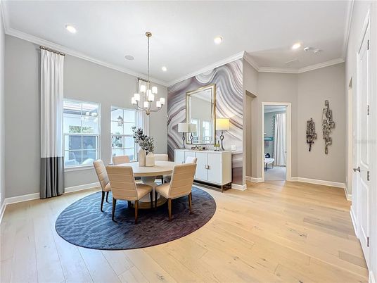 Chandelier, Dining room, Interior, Pendant Lights, Recessed Lighting, Wood Texture Flooring